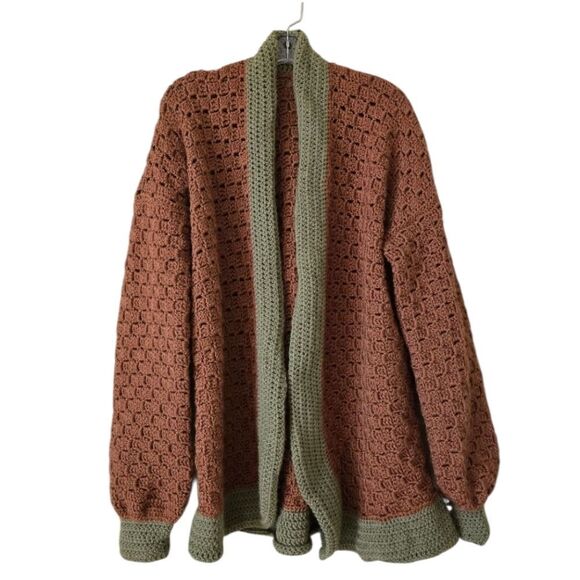 Hand Made Crochet Cardigan Jacket Brown with Green Trim One Size Bohemian - Picture 1 of 6